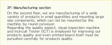2F: Manufacturing section On the second floor, we are manufacturing of a wide variety of products in small quantities and mounting large size components, which can not be mounted by the machine, by round conveyor. Regarding the quality aspect, visual inspection machine and Incircuit Tester (ICT) is employed for improving our products quality and even printed board itself must be pursuited carefully for products quality.